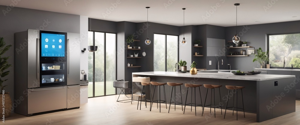 Showcase the power of the Internet of Things with a visually stunning image of a smart home filled with various connected devices and appliances AI, such as smart refrigerators, coffee makers Showcase the power of the Internet of Things with a visually stunning image of a smart home filled with various connected devices and appliances AI, such as smart refrigerators, coffee makers