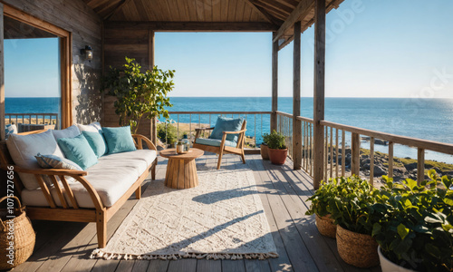 A wooden porch with a couch and a chair overlooking the ocean