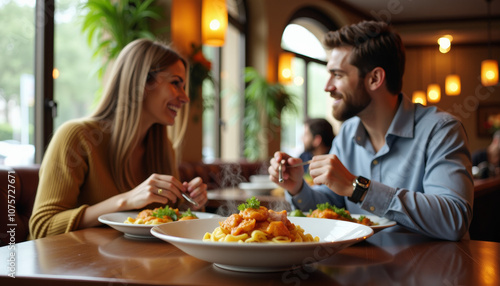 Couple enjoying a delicious pasta dinner in a restaurant