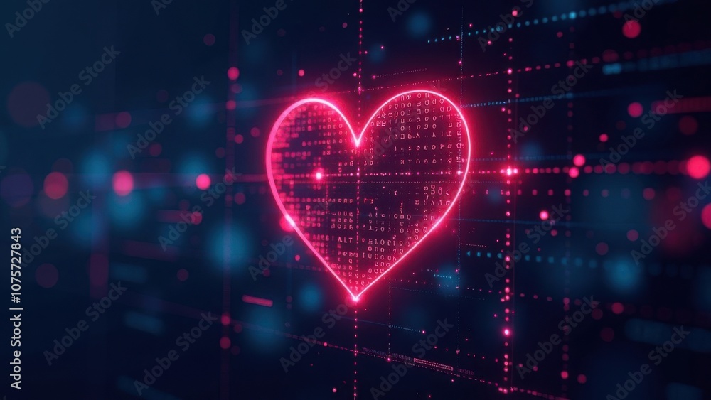 Digital heart symbol on a dark background. Concept of love, technology, and connections in a digital age. For Valentine's Day, medical technology, relationship visuals with copy space Digital heart symbol on a dark background. Concept of love, technology, and connections in a digital age. For Valentine's Day, medical technology, relationship visuals with copy space