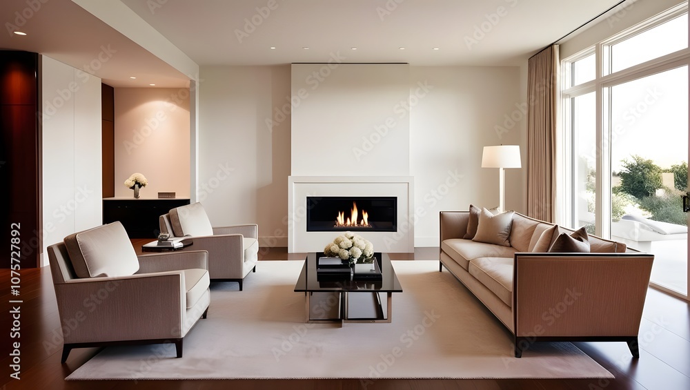 Fototapeta premium Home interior with sofa and armchairs, coffee table and fireplace near window