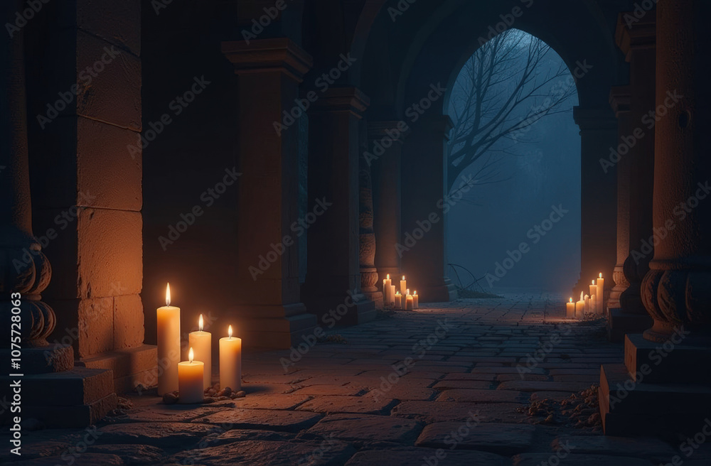 Fototapeta premium A dimly lit stone corridor with candles, surrounded by dark ancient walls and a foggy atmosphere