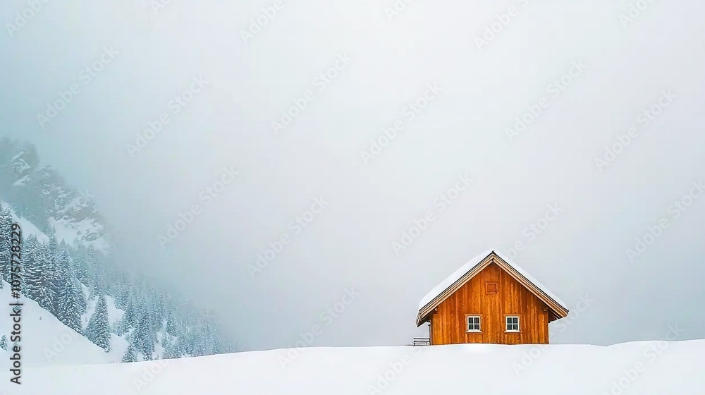 A cozy wooden cabin perched atop a snowy slope, nestled beside a majestic snow-capped mountain A cozy wooden cabin perched atop a snowy slope, nestled beside a majestic snow-capped mountain