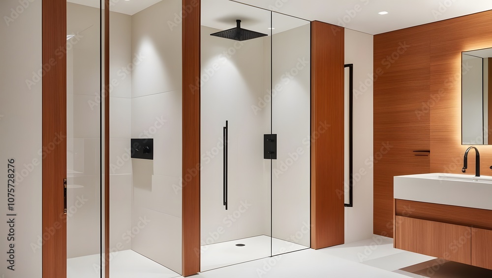 Fototapeta premium Elegant bathroom design with wooden accents and modern fixtures