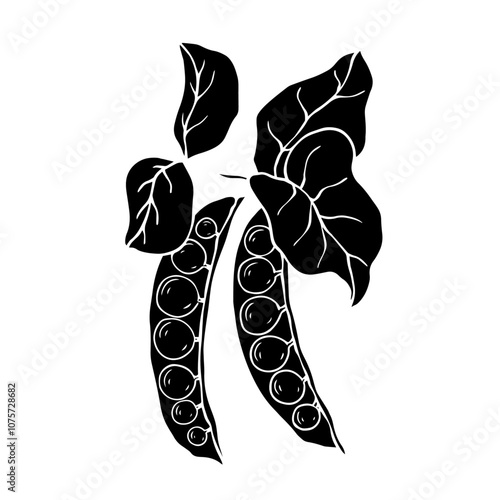 Silhouette, stamp of green pea pod. Decorative botanical element. Vector graphics.