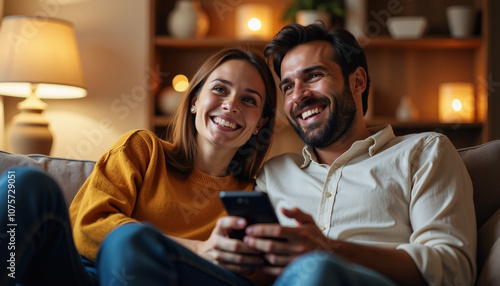 Happy Couple Relaxing at Home with Smartphone