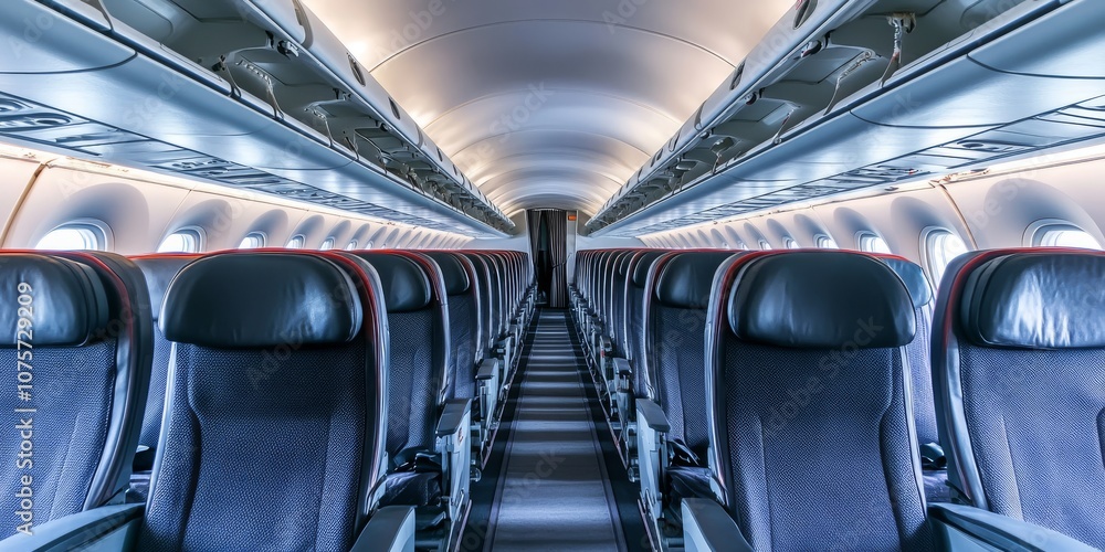 Explore the sleek and minimalistic design of a contemporary passenger aircrafts interior, showcasing elegant, clean lines and comfortable seating arrangements within a spacious and inviting cabin Explore the sleek and minimalistic design of a contemporary passenger aircrafts interior, showcasing elegant, clean lines and comfortable seating arrangements within a spacious and inviting cabin