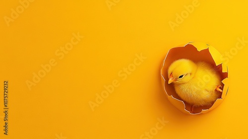   Yellow chickling inside eggshell on yellow background with hole photo