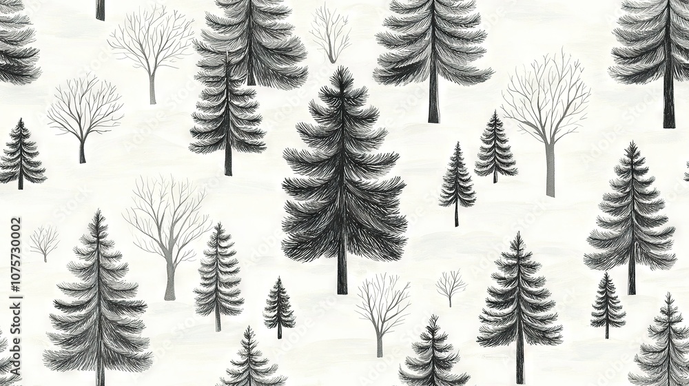 Black & white sketch of trees against a snowy landscape Black & white sketch of trees against a snowy landscape