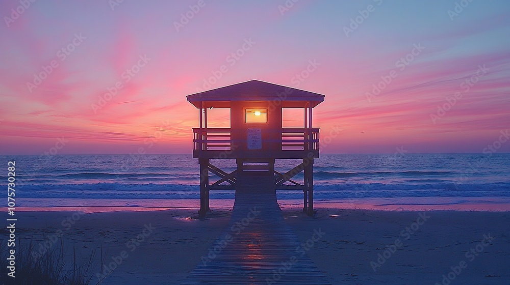 A lifeguard tower perched atop a sandy shore, adjacent to a tranquil body of water, bathed in the golden hues of a picturesque A lifeguard tower perched atop a sandy shore, adjacent to a tranquil body of water, bathed in the golden hues of a picturesque