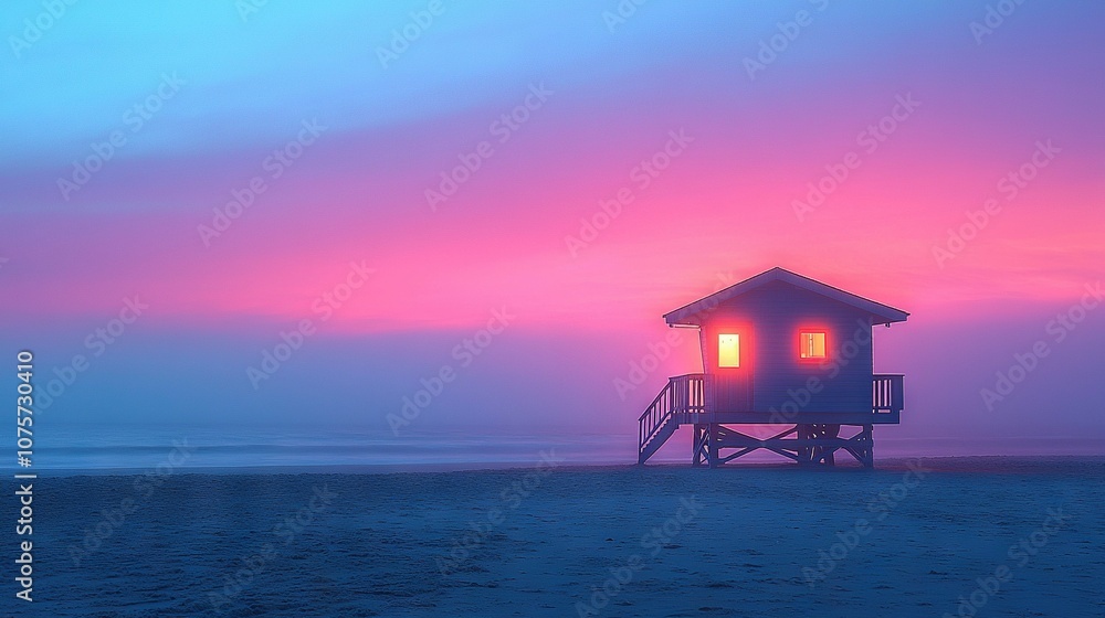 A lifeguard tower sits atop a beach near the ocean during sunset, featuring a red light in its window A lifeguard tower sits atop a beach near the ocean during sunset, featuring a red light in its window