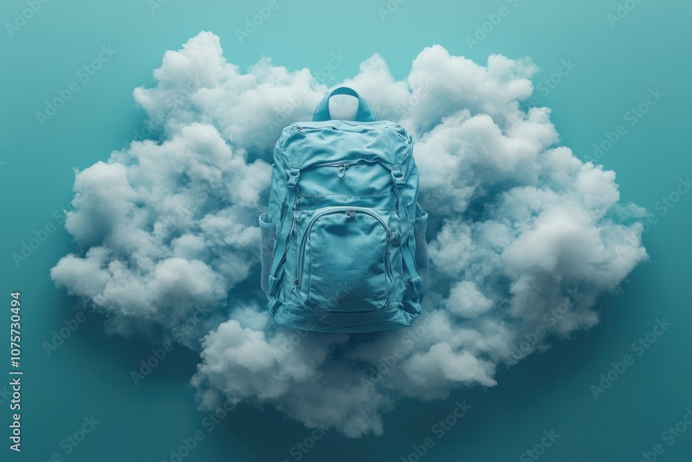 Blue backpack sitting on top of a cloud, travel Blue backpack sitting on top of a cloud, travel