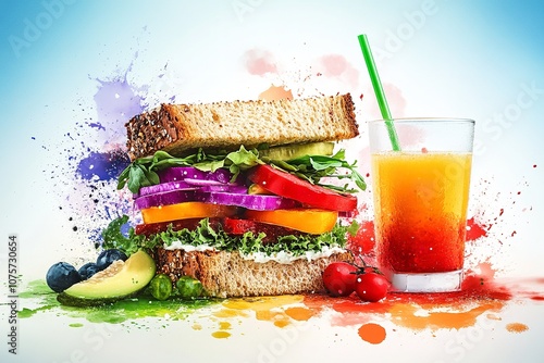 Colorful Digital Artwork of a Loaded Vegetable Sandwich and a Glass of Fresh Juice photo