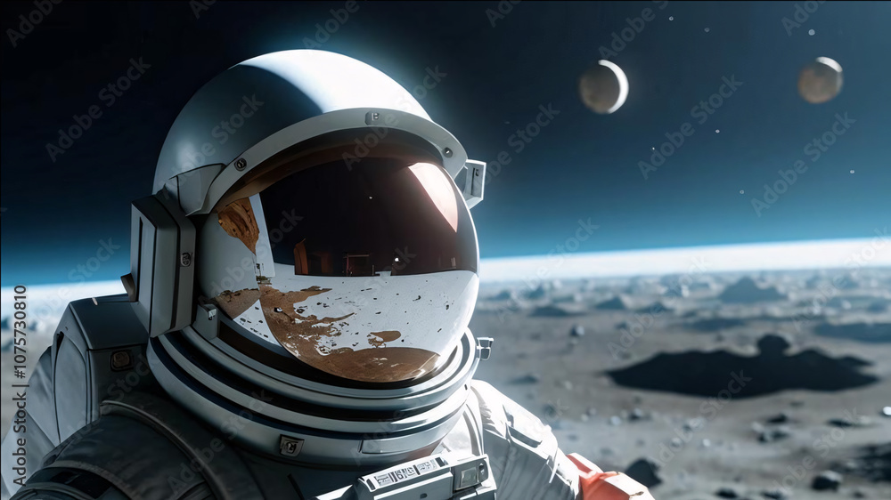 An astronaut in full space gear standing on the moon’s surface with the Earth visible in the distance. The reflection in the helmet shows the lunar terrain, emphasizing the vastness of space An astronaut in full space gear standing on the moon’s surface with the Earth visible in the distance. The reflection in the helmet shows the lunar terrain, emphasizing the vastness of space
