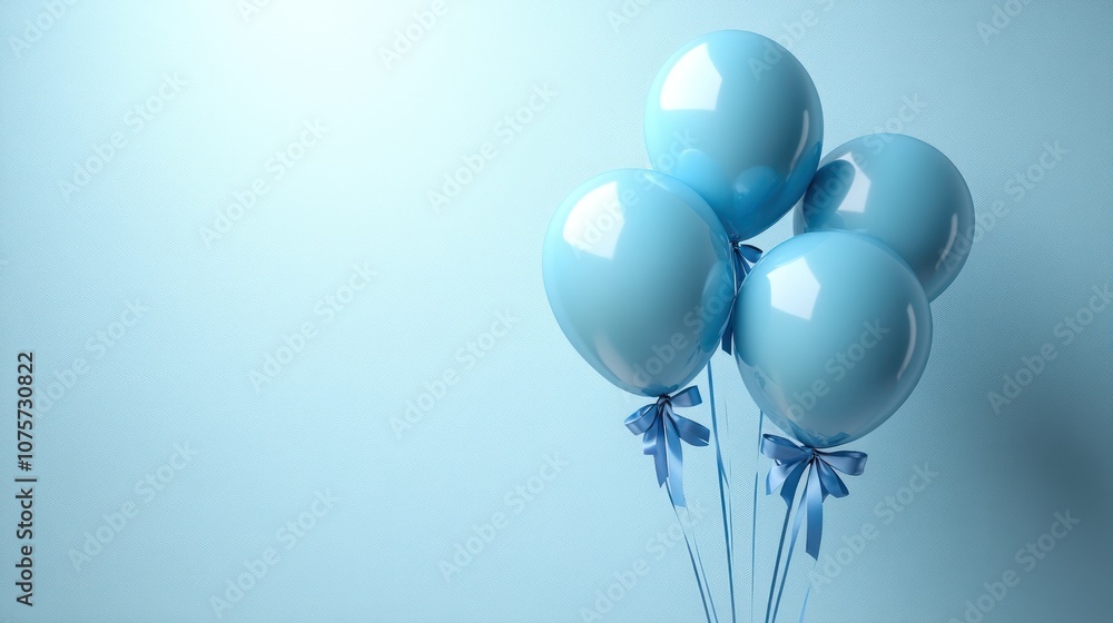 Four blue balloons with blue ribbons on a light blue background. Four blue balloons with blue ribbons on a light blue background.