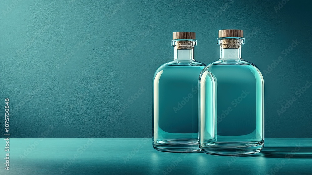 A pair of bottles rests atop a blue table, with a lush green backdrop A pair of bottles rests atop a blue table, with a lush green backdrop