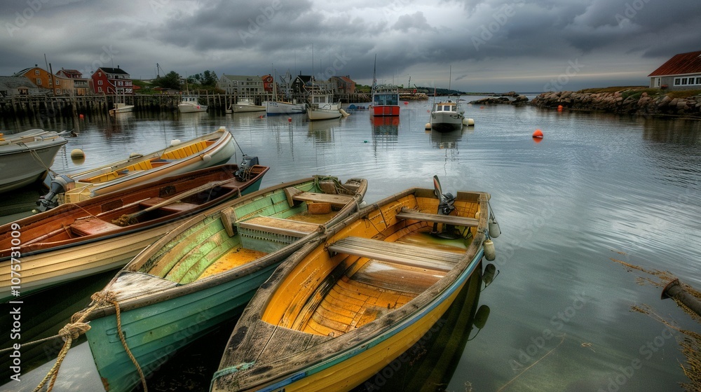 Three Boats Docked in a Calm Harbor with a Cloudy Sky Three Boats Docked in a Calm Harbor with a Cloudy Sky