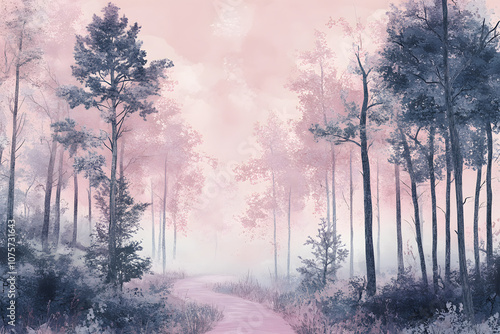 Tranquil Forest Scene in Transcendent Pink with Dusty Undertones, Perfect for Calm Settings