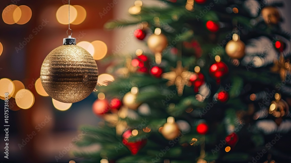 Obraz premium Christmas Tree with Glowing Lights and Snow-Covered Branches with Bokeh Effect