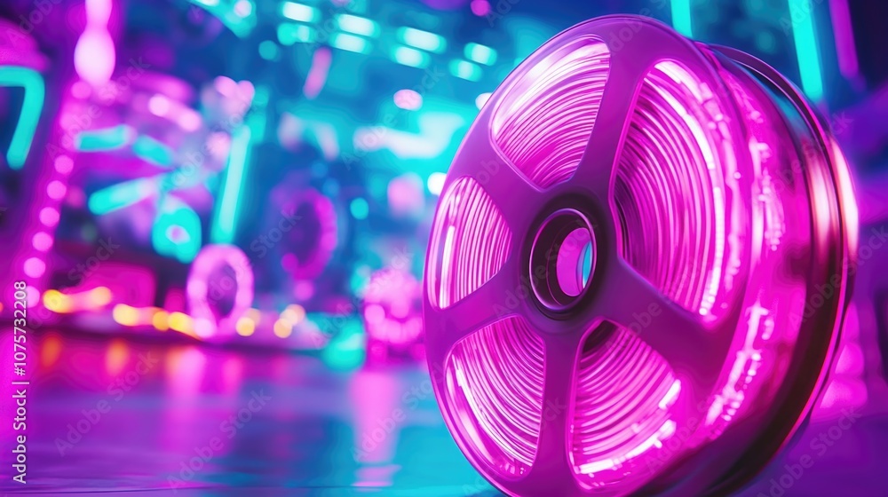 Fototapeta premium Neon film reel in futuristic chaos setting for creative media and technology design