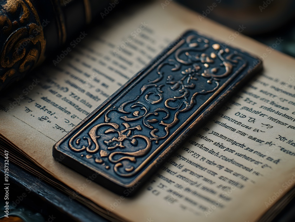 Fototapeta premium A decorative bookmark rests on an open book, showcasing intricate designs and textures.