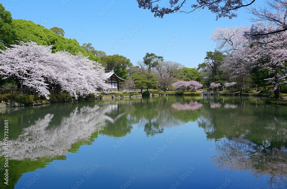 Cherry blossoms reflecting in calm lake during spring season in japanese garden Cherry blossoms reflecting in calm lake during spring season in japanese garden