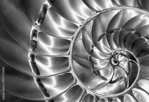 Intricate Black and White Nautilus Shell Close-Up