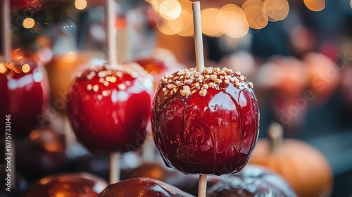 Caramel apples on sticks with nuts. Perfect image for a blog post or website about autumn treats. photo