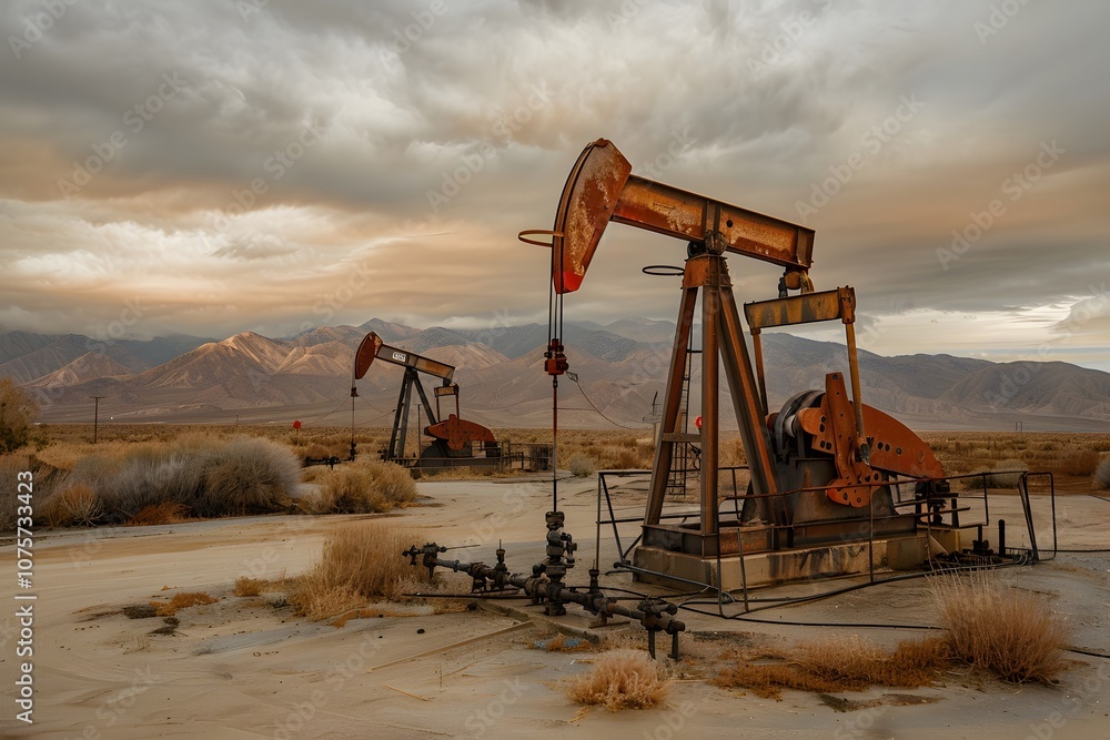 Oil pumps in a desert landscape against a dramatic sky, illustrating industrial extraction. Oil pumps in a desert landscape against a dramatic sky, illustrating industrial extraction.