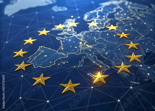 European Union flag and map digital constellation networks, connectivity, and data integration with network lines
