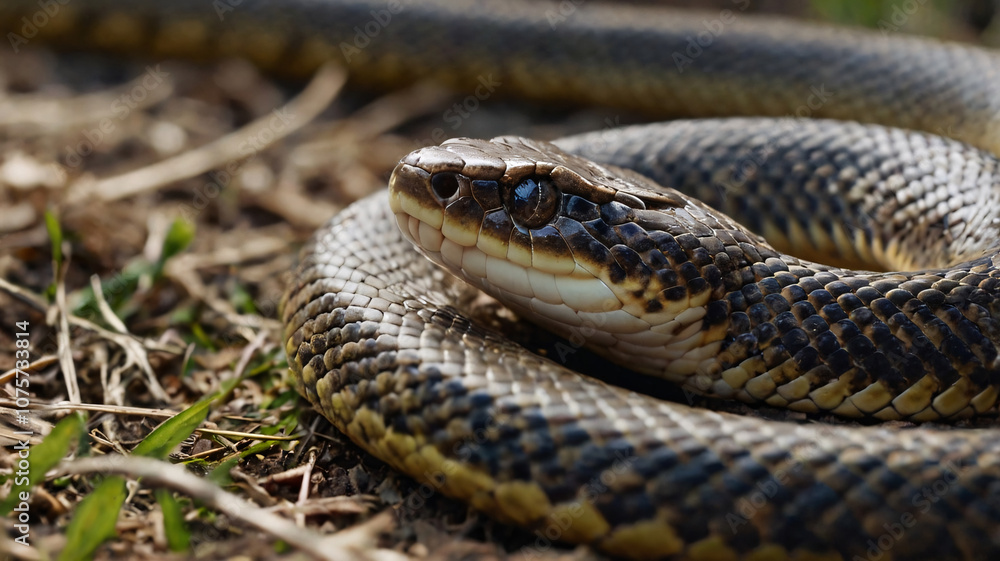 Close-Up of Snake Head in Natural Habitat. Detailed close-up of a snake's head with textured scales and intense eyes, set in a natural outdoor environment.
Close-Up of Snake Head in Natural Habitat. Detailed close-up of a snake's head with textured scales and intense eyes, set in a natural outdoor environment.