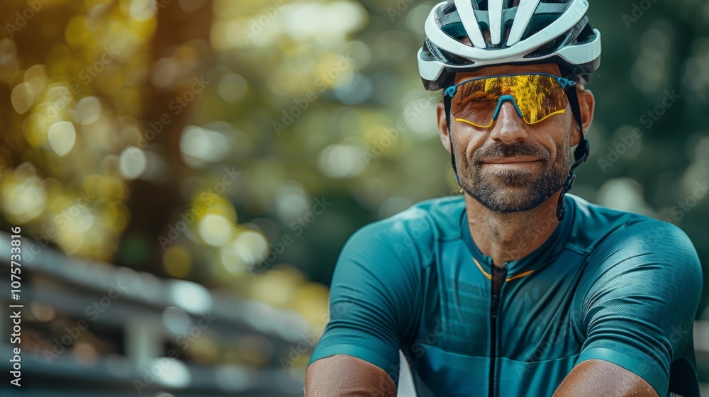 A man wearing a cycling helmet and sunglasses, looking at the camera, smiles with a confident expression. He is wearing a cycling jersey, and his background is a blurry image of trees. A man wearing a cycling helmet and sunglasses, looking at the camera, smiles with a confident expression. He is wearing a cycling jersey, and his background is a blurry image of trees.