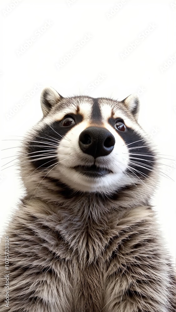 Generative AI, Close-up of a raccoon with expressive eyes and dark mask markings against white background Generative AI, Close-up of a raccoon with expressive eyes and dark mask markings against white background