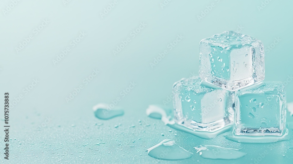 Three ice cubes atop blue surface with water droplets nearby Three ice cubes atop blue surface with water droplets nearby