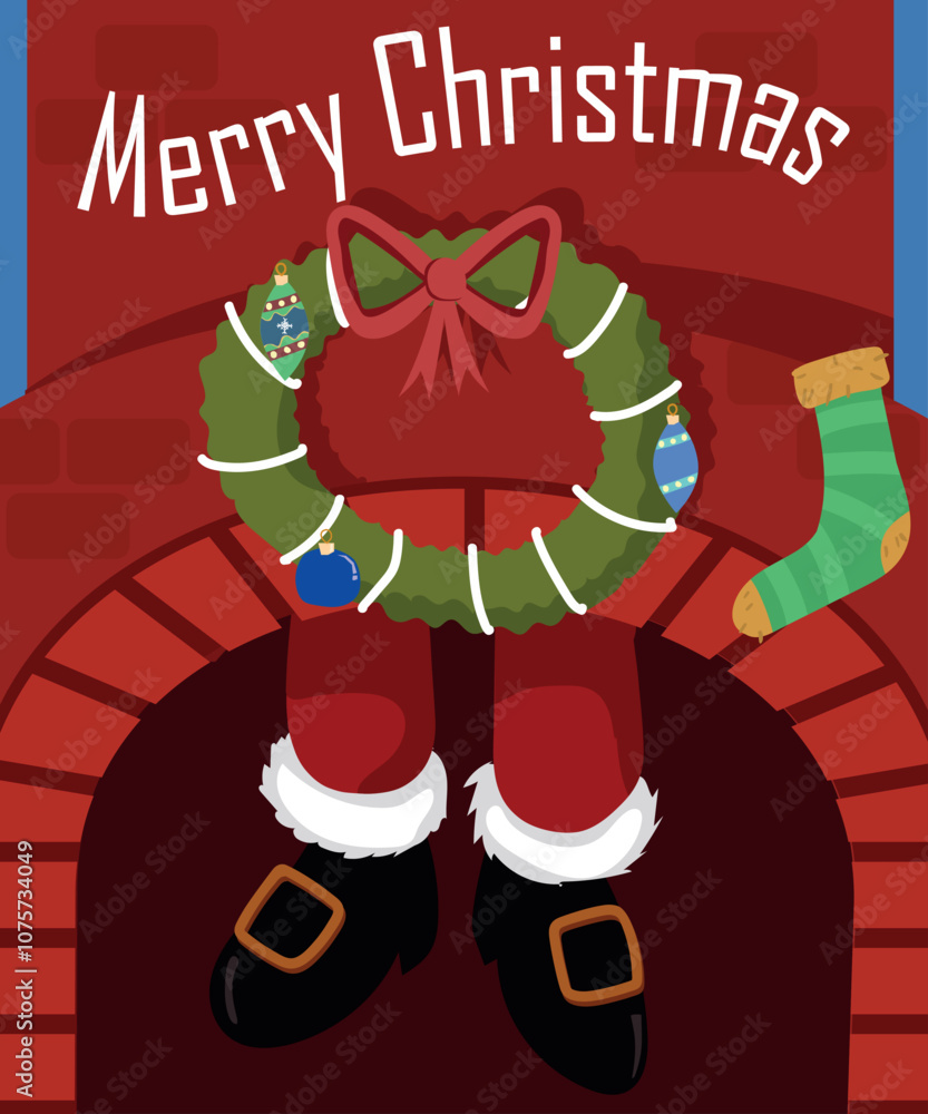 Obraz premium Merry Christmas card - Santa Claus climbing down a chimney
