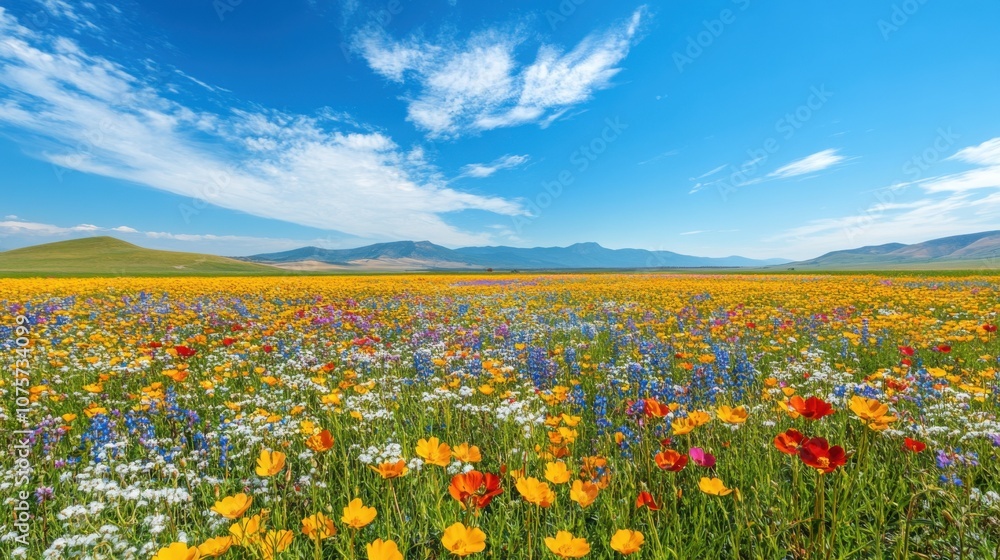 Fototapeta premium Field of flowers with mountains in the background