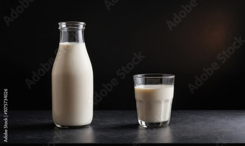 A glass of milk sits beside a glass bottle of milk on a dark countertop