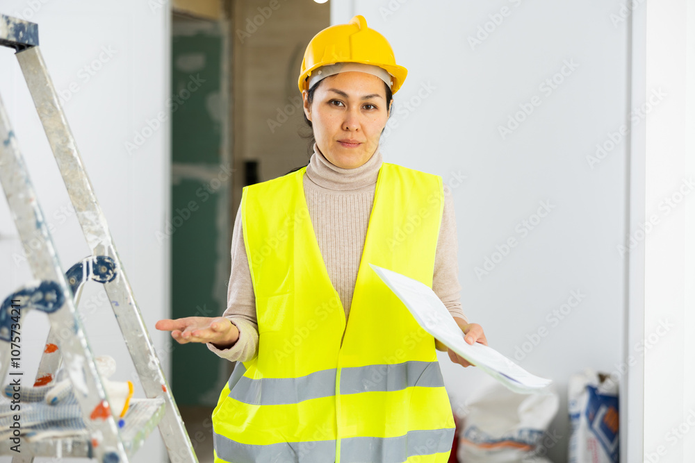 Portrait of questionable Asian woman builder holding documents indoors. Portrait of questionable Asian woman builder holding documents indoors.