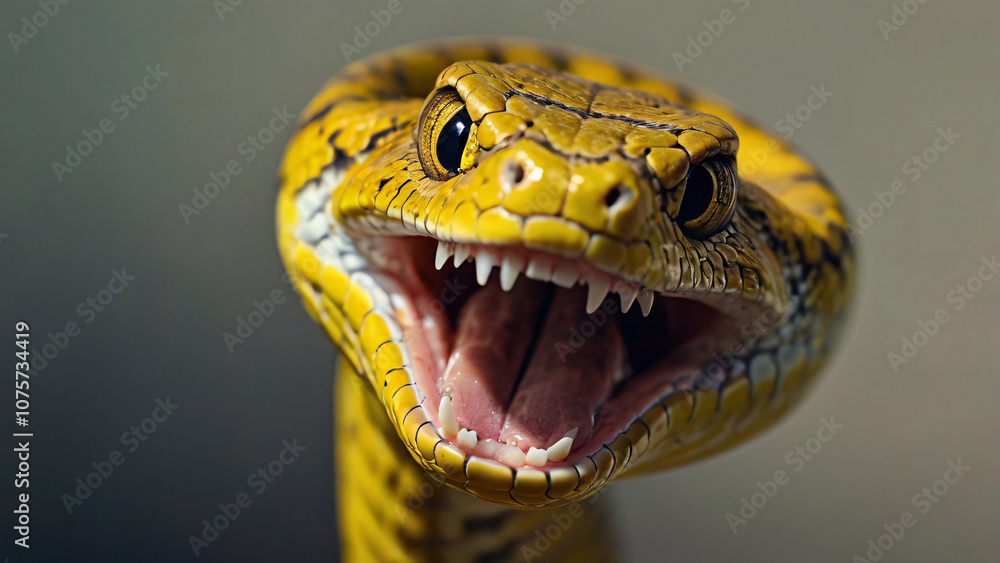 Fototapeta premium Close up portrait of a snake. Yellow python withared teeth, showcasing its mouth detailed wide scales open