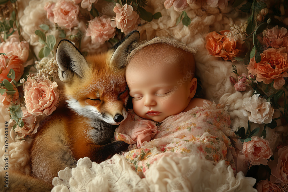 Fototapeta premium A peaceful moment of a baby sleeping next to a fox surrounded by flowers in a cozy setting