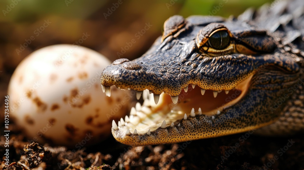 Fototapeta premium Crocodile with an egg in a natural environment, focused on the reptile's features.