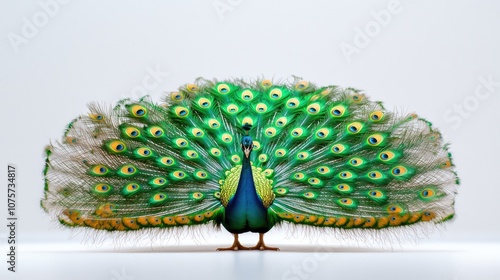 Peacock displaying its vibrant plumage on a white isolated background.