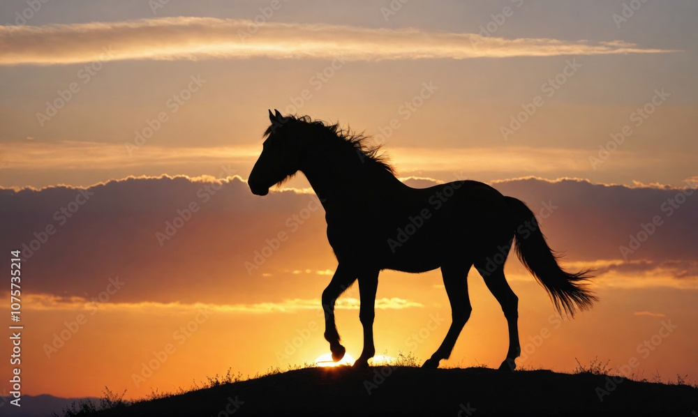 A horse silhouetted against the sunset walks across a hill A horse silhouetted against the sunset walks across a hill