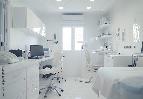 A modern dental office with equipment, a desk, and a treatment chair.