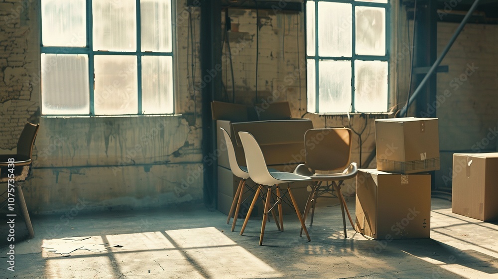 Sunbeams Through Windows in a Warehouse with Chairs and Cardboard Boxes Sunbeams Through Windows in a Warehouse with Chairs and Cardboard Boxes