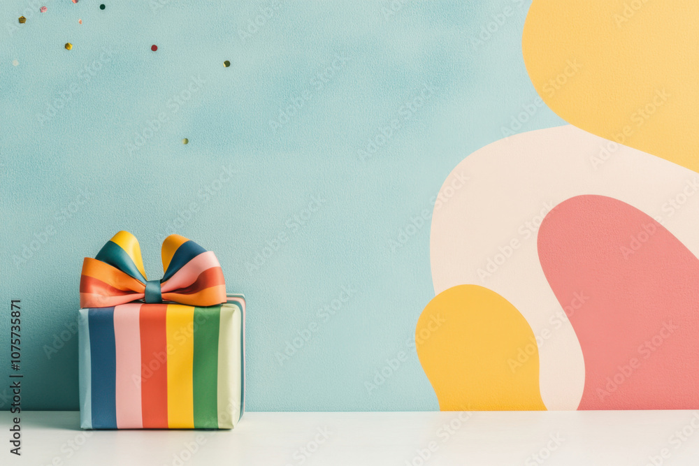 A colorful gift box with a vibrant bow sits against a playful, abstract wall pattern, creating a cheerful and festive atmosphere. A colorful gift box with a vibrant bow sits against a playful, abstract wall pattern, creating a cheerful and festive atmosphere.