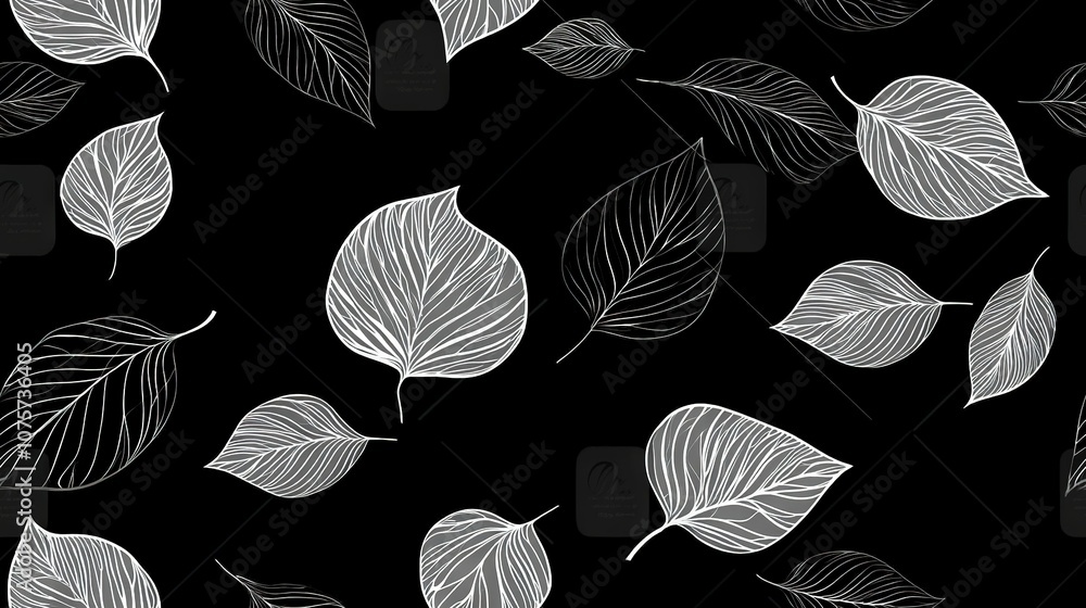 The image portrays a monochromatic design consisting of dark leaf patterns against a dark backdrop, with contrasting white outlines highlighting the silhouettes of leaves The image portrays a monochromatic design consisting of dark leaf patterns against a dark backdrop, with contrasting white outlines highlighting the silhouettes of leaves