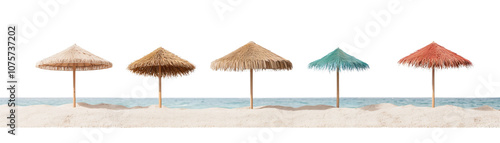 Five Colorful Straw Umbrellas Stand Firmly on a Sandy Beach, Inviting Sunny Days and Relaxation by the Refreshing Ocean, Perfect for a Vacation Escape by the Shoreline.