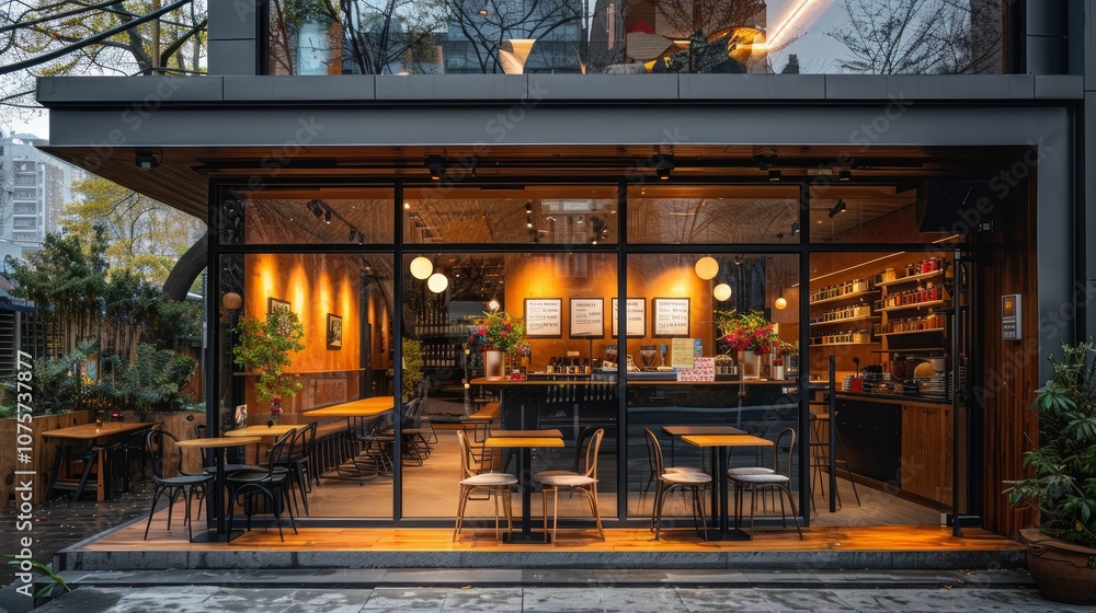 A modern cafe with large windows, wooden tables and chairs, and warm lighting. There are plants in the front and a counter in the back. A modern cafe with large windows, wooden tables and chairs, and warm lighting. There are plants in the front and a counter in the back.