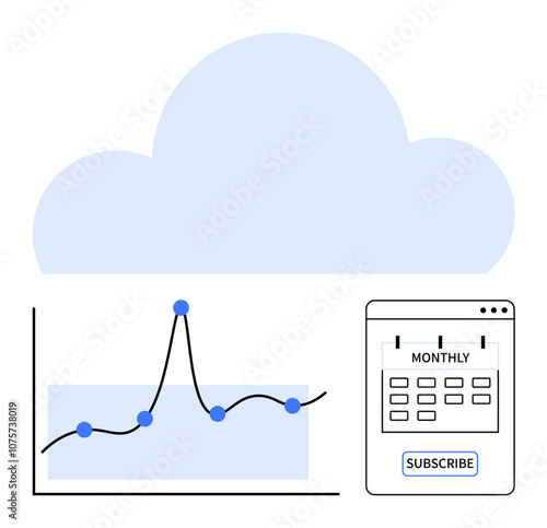 Cloud line graph, and calendar with subscribe button. Ideal for data analysis, subscriptions, cloud computing, business planning, digital marketing, performance tracking. Line metaphor